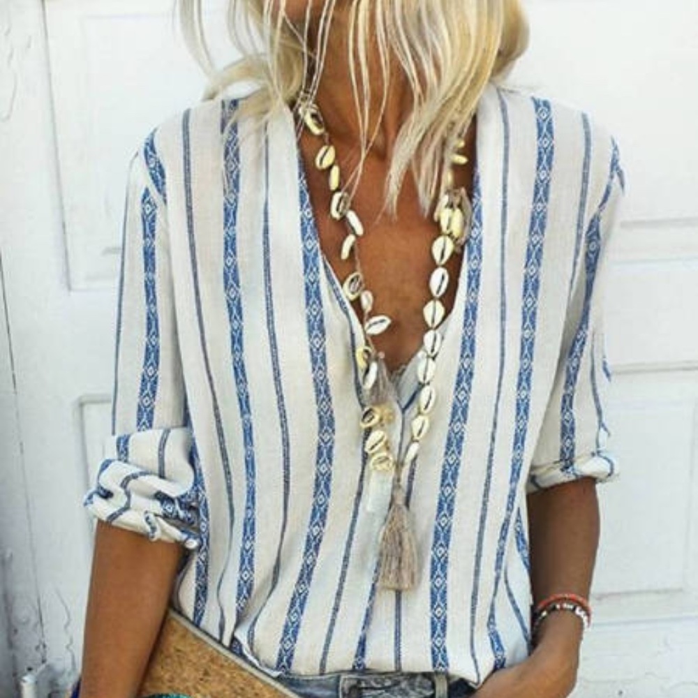 Sky Blue V Neck Striped Button Up Blouse